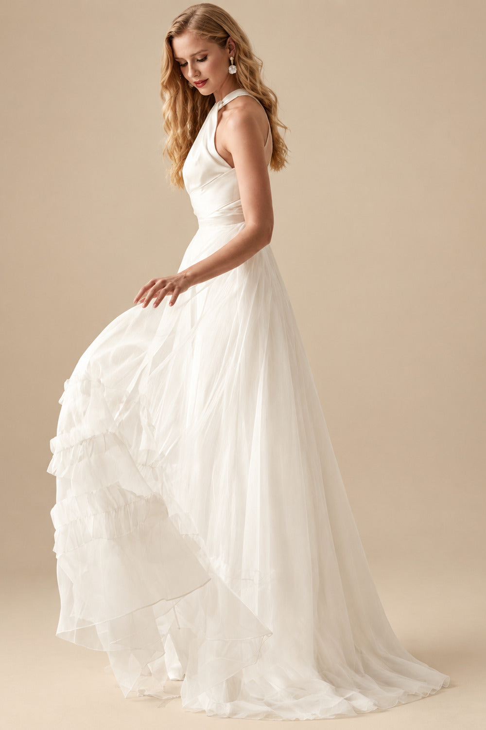Rutipo Ivory A-Line Halter Sleeveless Sweep Train Silk Like Satin Wedding Dresses