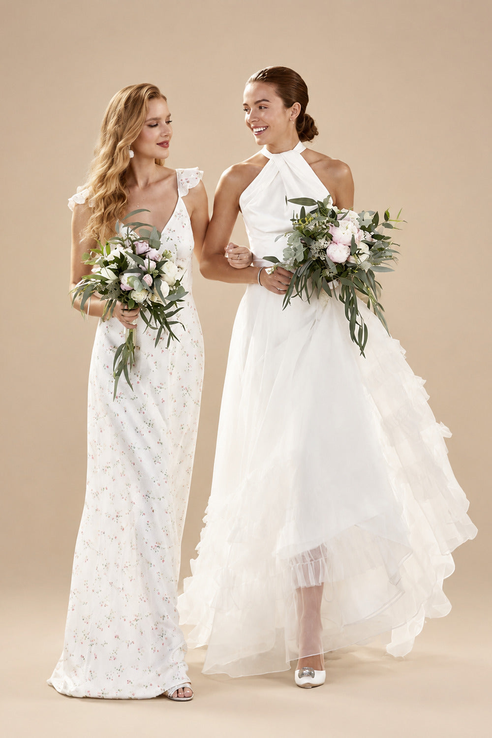 Rutipo Ivory A-Line Halter Sleeveless Sweep Train Silk Like Satin Wedding Dresses