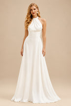 Rutipo Ivory A-Line Halter Sleeveless Sweep Train Silk Like Satin Wedding Dresses