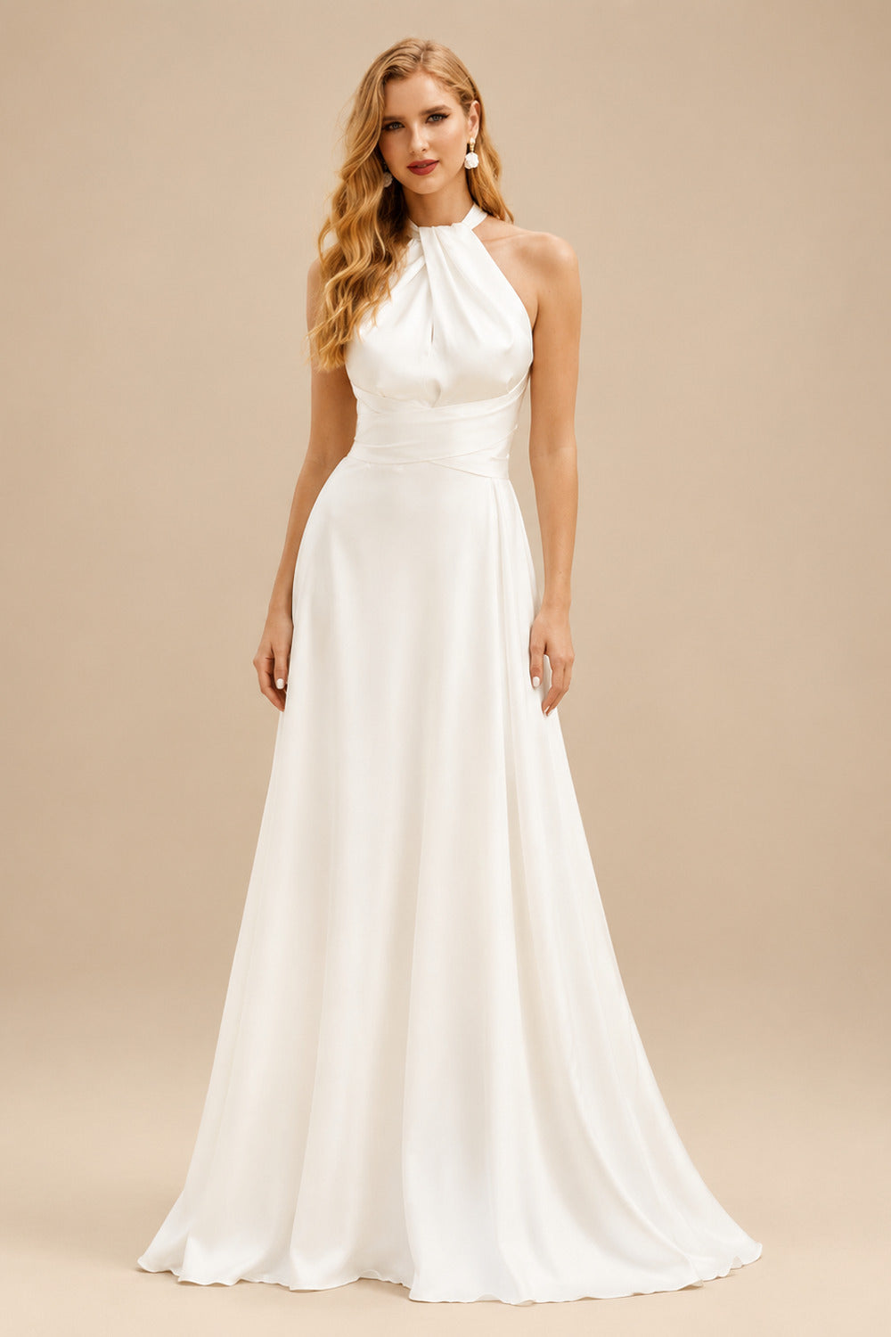 Rutipo Ivory A-Line Halter Sleeveless Sweep Train Silk Like Satin Wedding Dresses