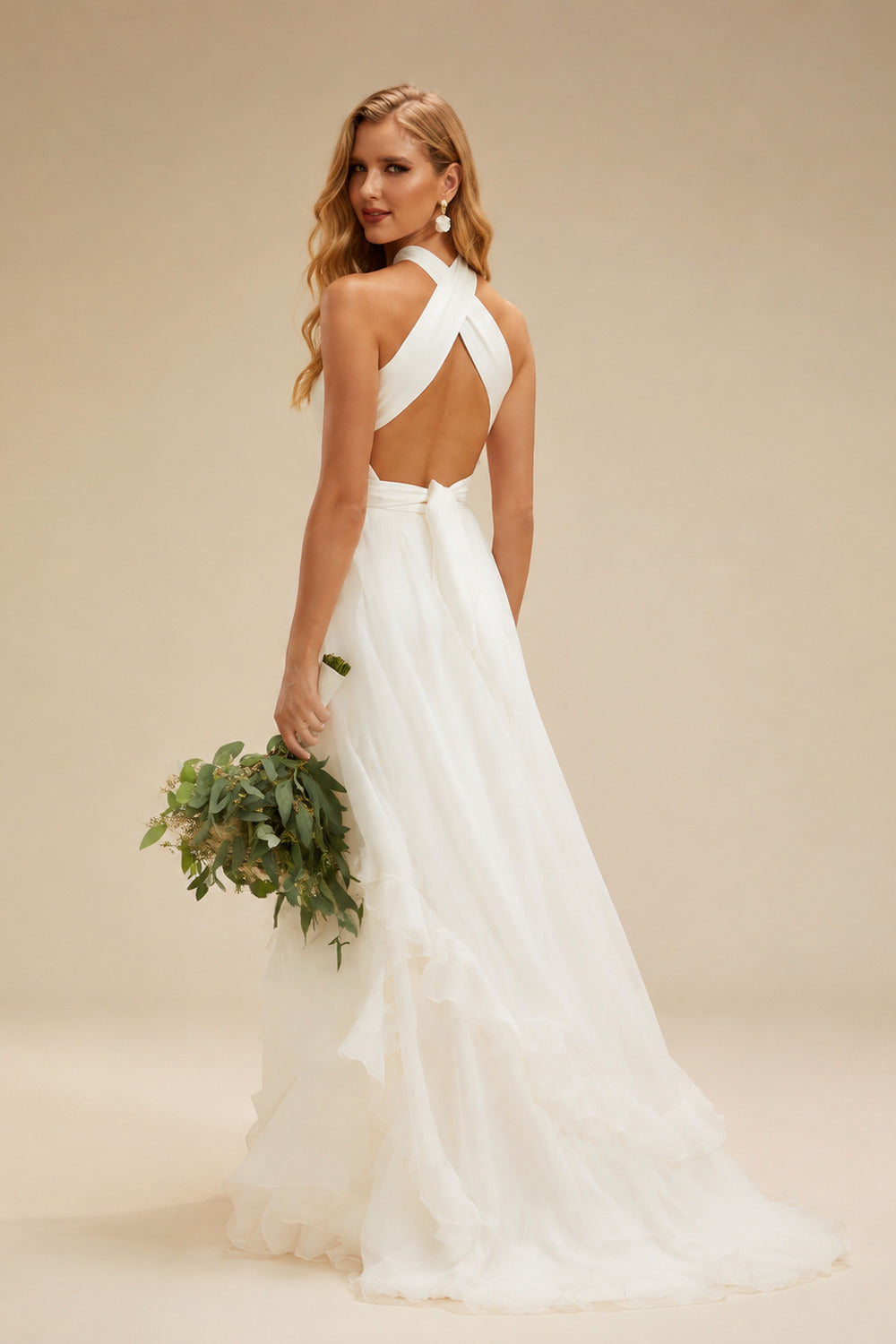 Rutipo Ivory A-Line Halter Sleeveless Sweep Train Silk Like Satin Wedding Dresses