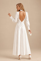 Rutipo Ivory A-Line High Neck Long Sleeves Ankle-Length Silk Like Satin Wedding Dresses