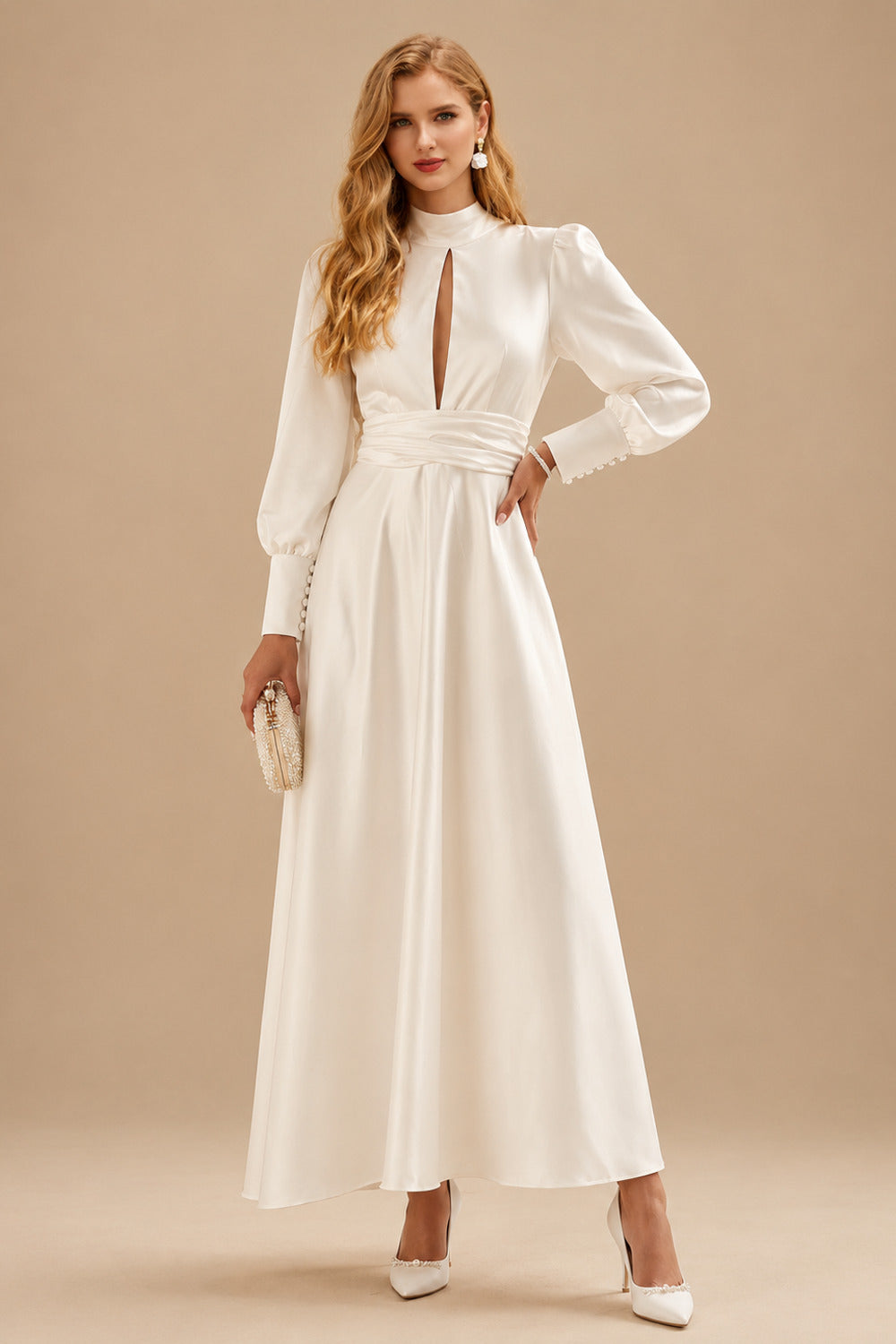 Rutipo Ivory A-Line High Neck Long Sleeves Ankle-Length Silk Like Satin Wedding Dresses