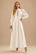 Rutipo Ivory A-Line High Neck Long Sleeves Ankle-Length Silk Like Satin Wedding Dresses