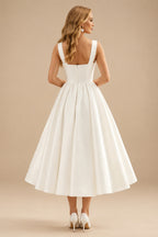 Rutipo Ivory A-Line Sweetheart Sleeveless Tea-Length Satin Wedding Dresses