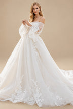 Rutipo As Picture Ball-Gown Sweetheart Detachable Sleeves Court Train Lace/Tulle Wedding Dresses With Appliques Lace