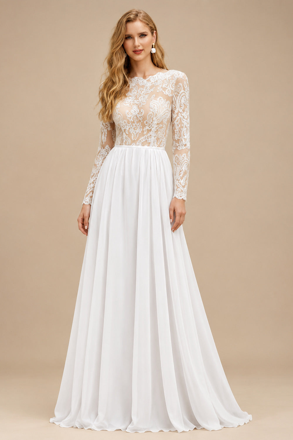 Rutipo As Picture Boho A-Line Illusion Neck Long Sleeves Lace/Tulle Wedding Dresses