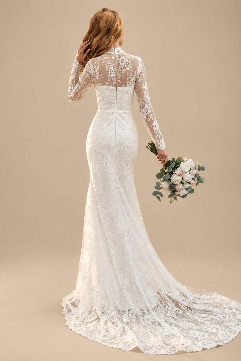 Rutipo As Picture Trumpet/Mermaid Illusion Neck Vintage Lace Wedding Dresses With Long Sleeves