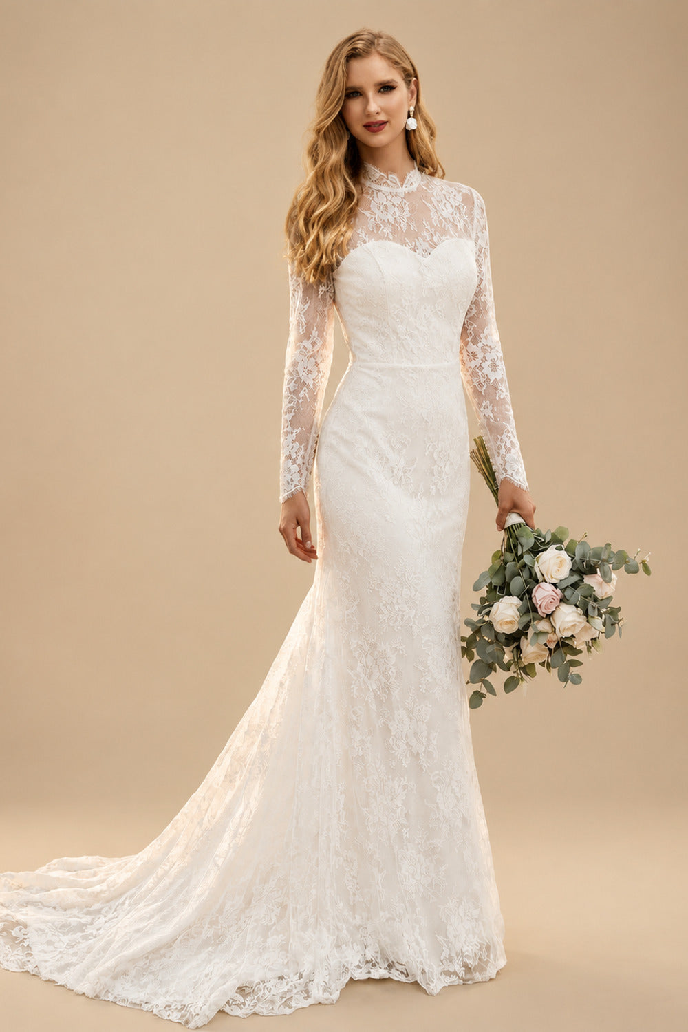Rutipo As Picture Trumpet/Mermaid Illusion Neck Vintage Lace Wedding Dresses With Long Sleeves