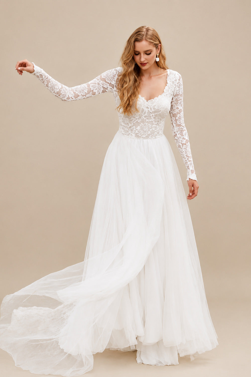 Rutipo Ivory Boho Lace A-Line Open Back Long Sleeves Wedding Dresses With Tulle