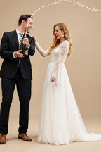 Rutipo Ivory Boho Lace A-Line Open Back Long Sleeves Wedding Dresses With Tulle