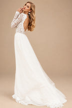 Rutipo Ivory Boho Lace A-Line Open Back Long Sleeves Wedding Dresses With Tulle