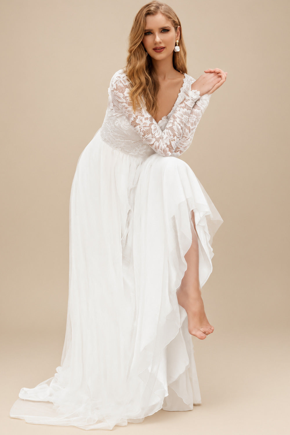 Rutipo Ivory Boho Lace A-Line Open Back Long Sleeves Wedding Dresses With Tulle