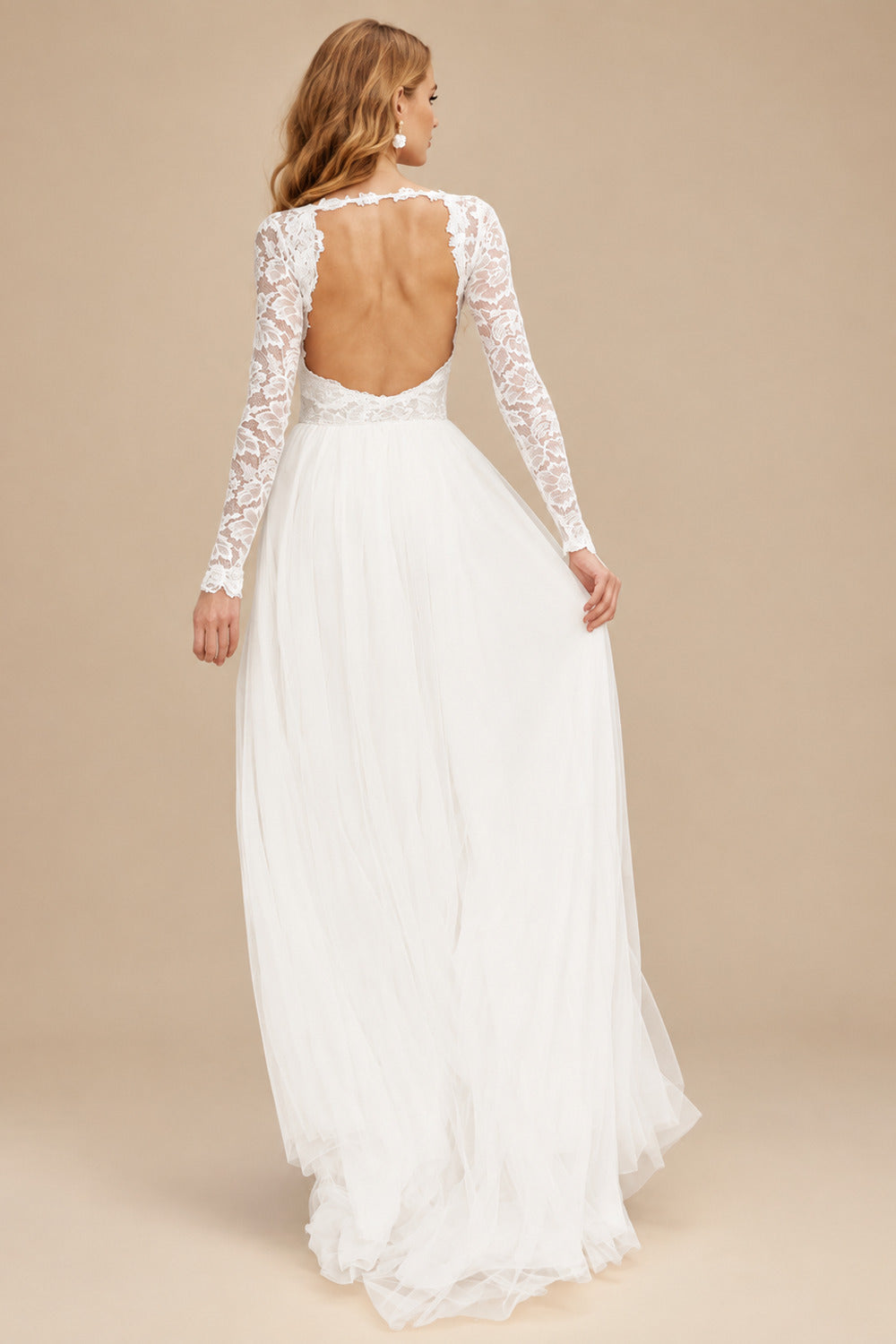 Rutipo Ivory Boho Lace A-Line Open Back Long Sleeves Wedding Dresses With Tulle