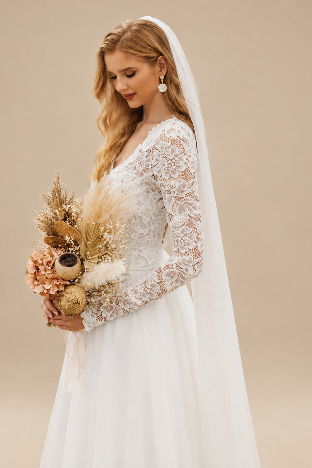 Rutipo Ivory Boho Lace A-Line Open Back Long Sleeves Wedding Dresses With Tulle