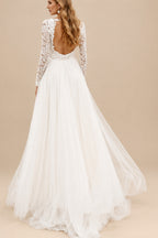 Rutipo Ivory Boho Lace A-Line Open Back Long Sleeves Wedding Dresses With Tulle