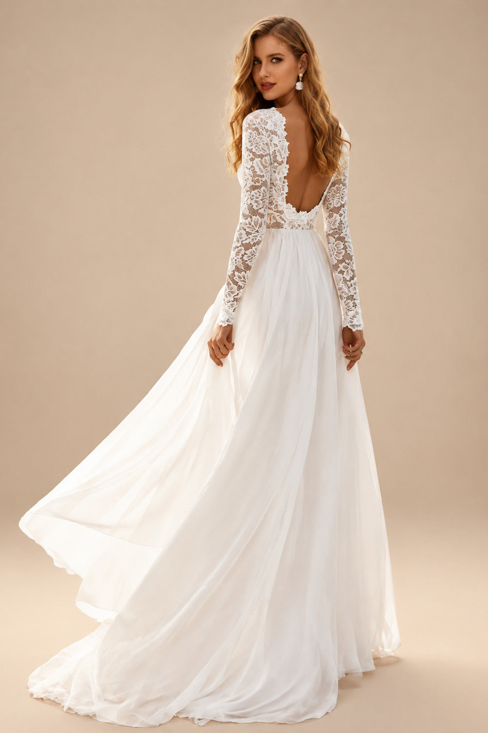 Rutipo As Picture Boho Beach Lace Open Back A-Line Wedding Dresses With Long Sleeves