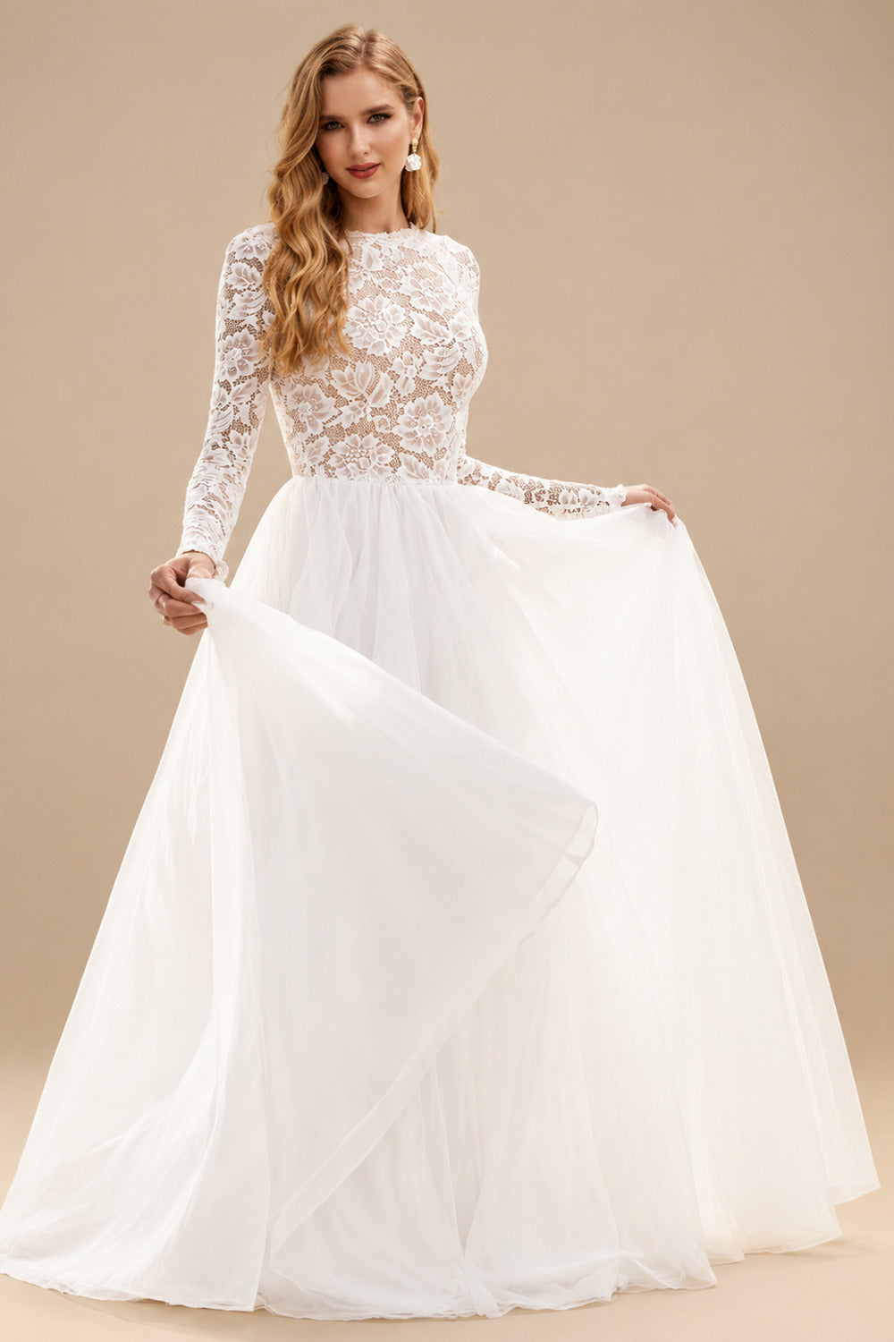 Rutipo As Picture Boho Beach Lace Open Back A-Line Wedding Dresses With Long Sleeves