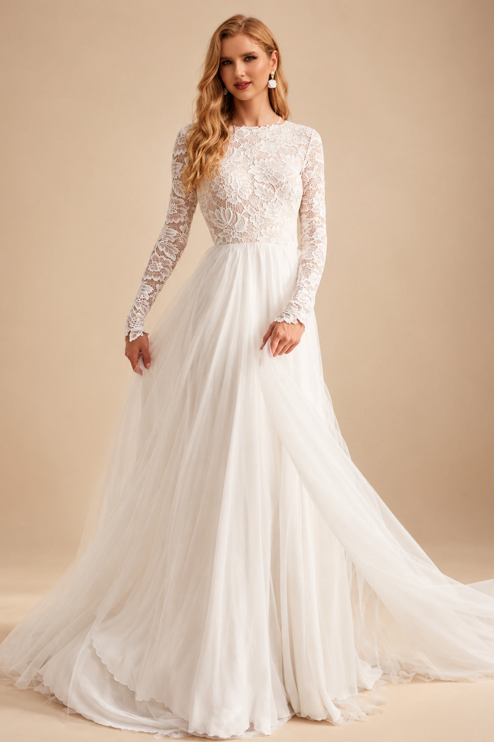 Rutipo As Picture Boho Beach Lace Open Back A-Line Wedding Dresses With Long Sleeves