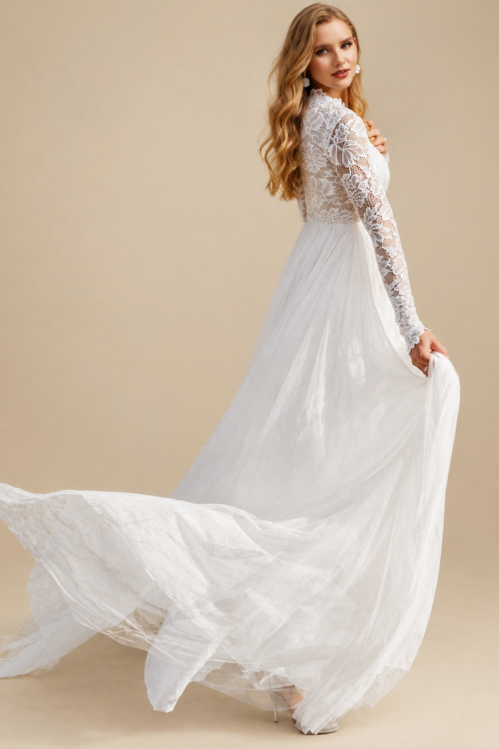 Rutipo As Picture Boho Beach Lace Tulle A-Line Wedding Dresses With Long Sleeves