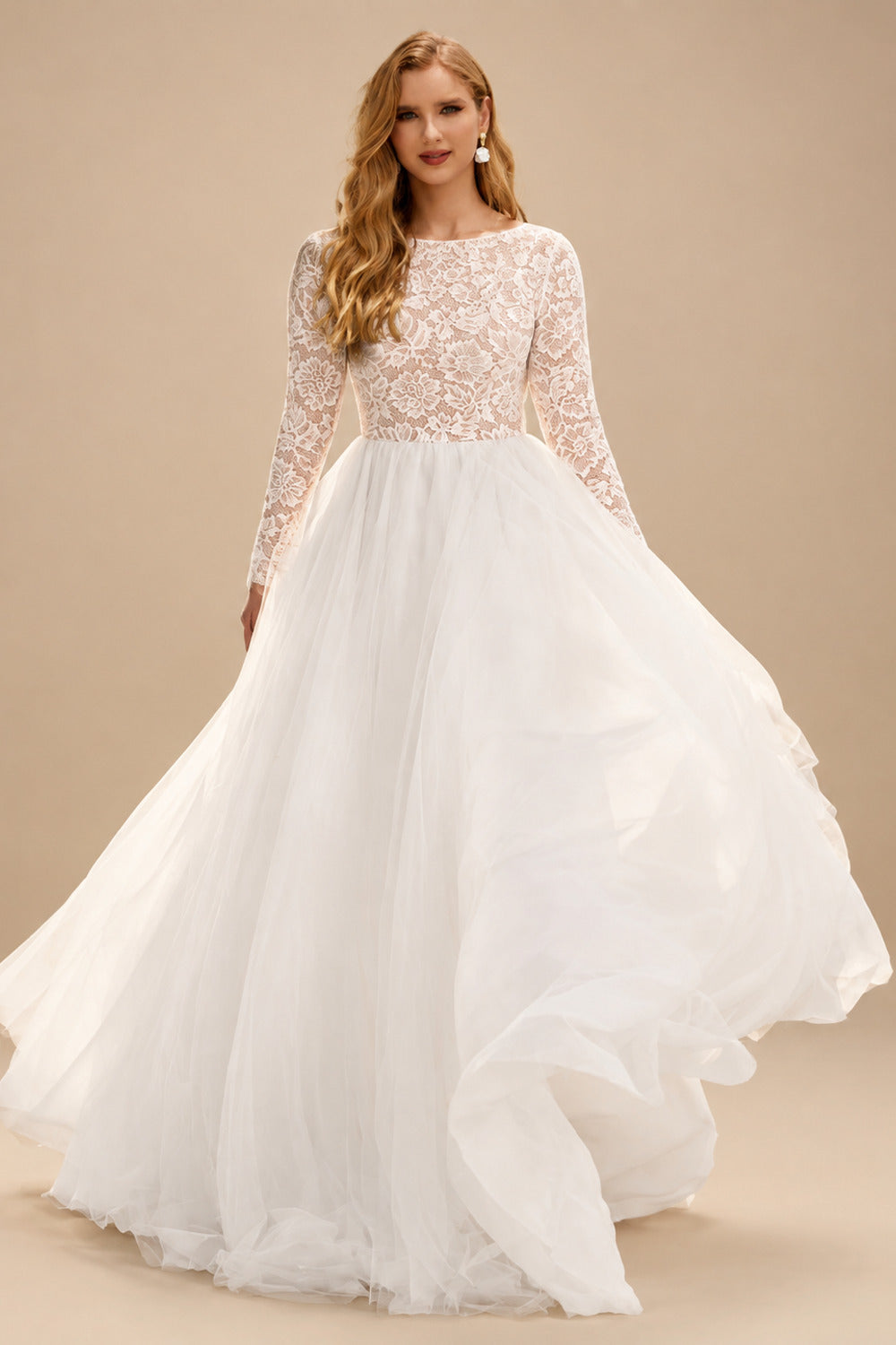 Rutipo As Picture Boho Beach Lace Tulle A-Line Wedding Dresses With Long Sleeves