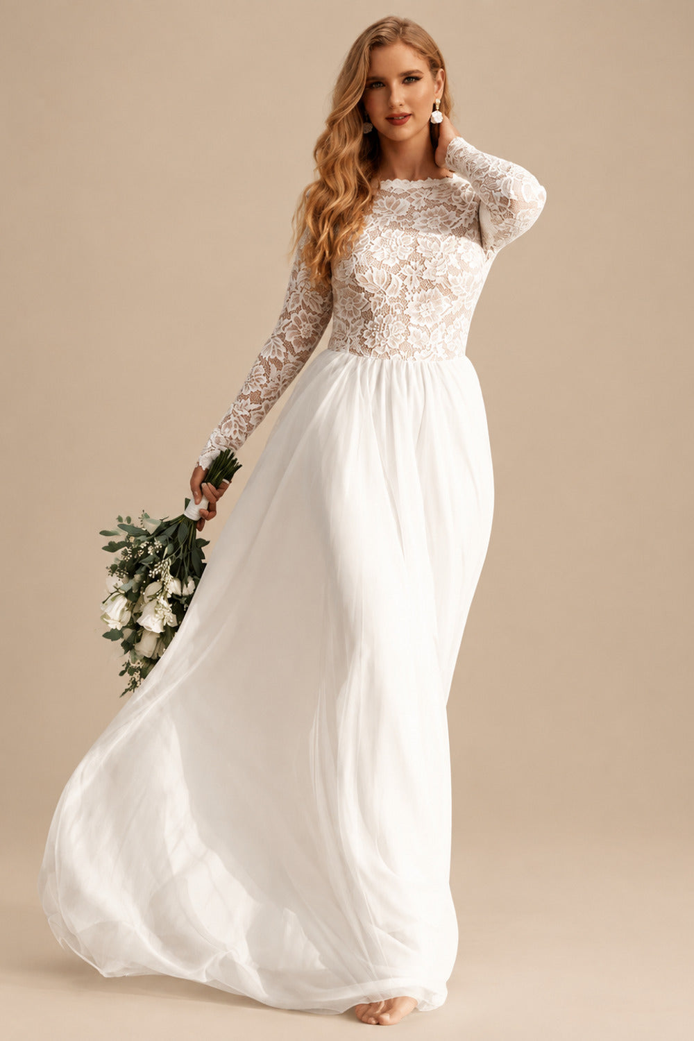 Rutipo As Picture Boho Beach Lace Tulle A-Line Wedding Dresses With Long Sleeves