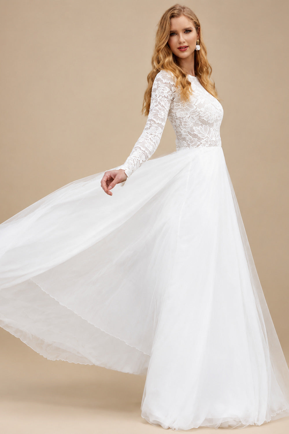 Rutipo As Picture Boho Beach Lace Tulle A-Line Wedding Dresses With Long Sleeves