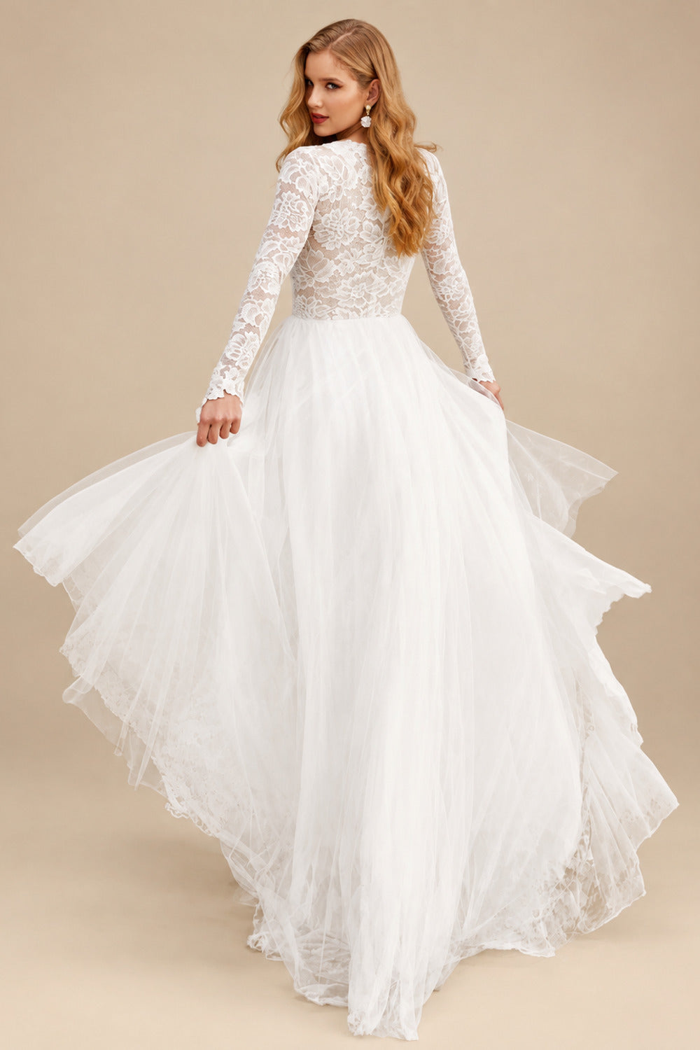 Rutipo As Picture Boho Beach Lace Tulle A-Line Wedding Dresses With Long Sleeves
