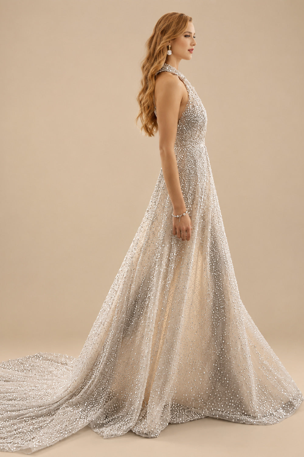 Rutipo As Picture A-Line Halter Sleeveless Sweep Train Sequined Wedding Dresses