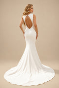 Rutipo Ivory Trumpet/Mermaid Scoop Neck Sleeveless Sweep Train Elastic Satin Wedding Dresses