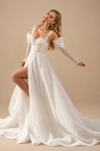 Rutipo Ivory A-Line One-Shoulder Long Sleeves Court Train Wedding Dresses With Appliques Lace