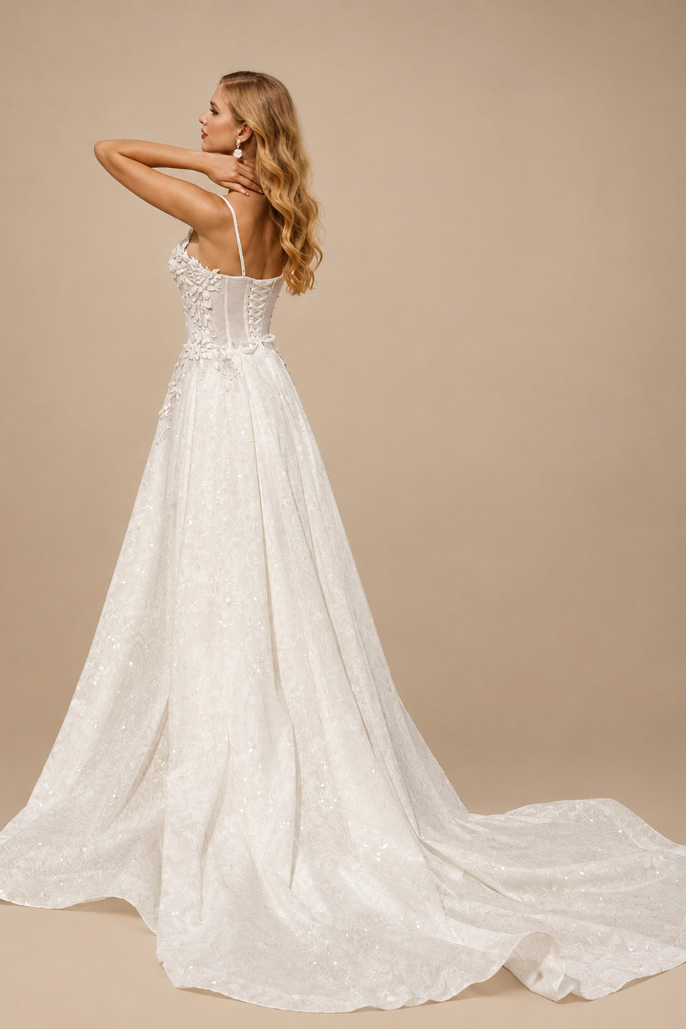 Rutipo Ivory A-Line One-Shoulder Long Sleeves Court Train Wedding Dresses With Appliques Lace