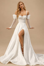 Rutipo Ivory A-Line One-Shoulder Long Sleeves Court Train Wedding Dresses With Appliques Lace