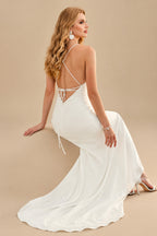 Rutipo Ivory Boho Beach Open Back Charmeuse Wedding Dresses With Spaghetti Straps V-Neck