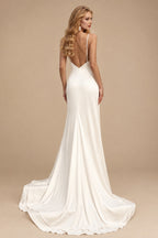 Rutipo Ivory Sexy Boho Backless V-Neck Wedding Dresses With Silk Like Satin