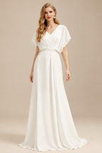 Rutipo Ivory Sexy V-Neck Spaghetti Straps Silk Like Satin Wedding Dresses With Sweep Train