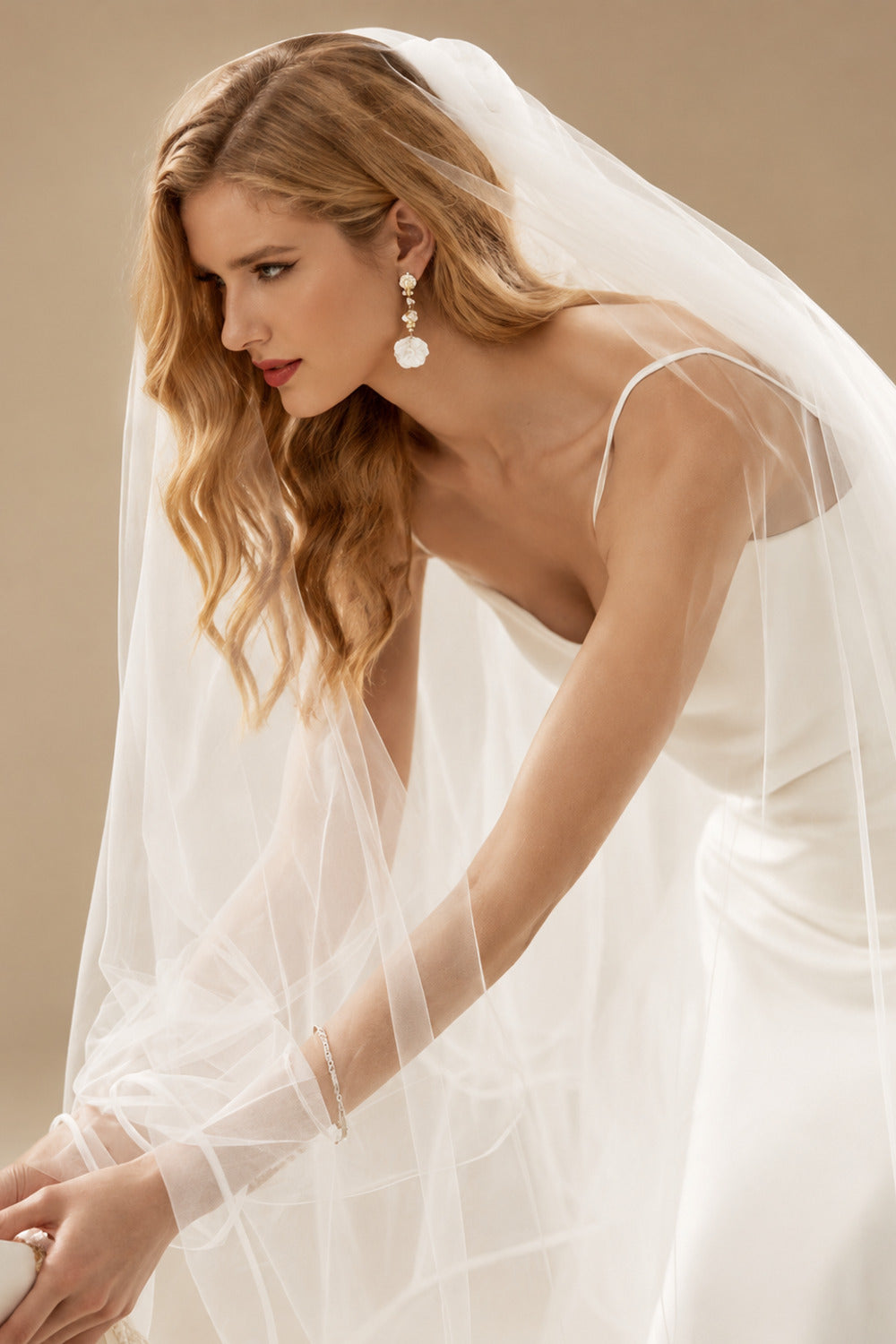 Rutipo Ivory Sexy V-Neck Spaghetti Straps Silk Like Satin Wedding Dresses With Sweep Train
