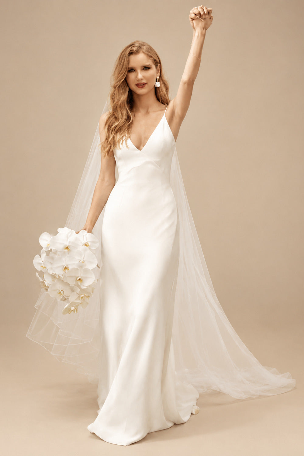 Rutipo Ivory Sexy V-Neck Spaghetti Straps Silk Like Satin Wedding Dresses With Sweep Train