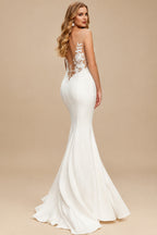 Rutipo Ivory Trumpet/Mermaid Illusion Neck Lace/Jersey Wedding Dresses With Split Front