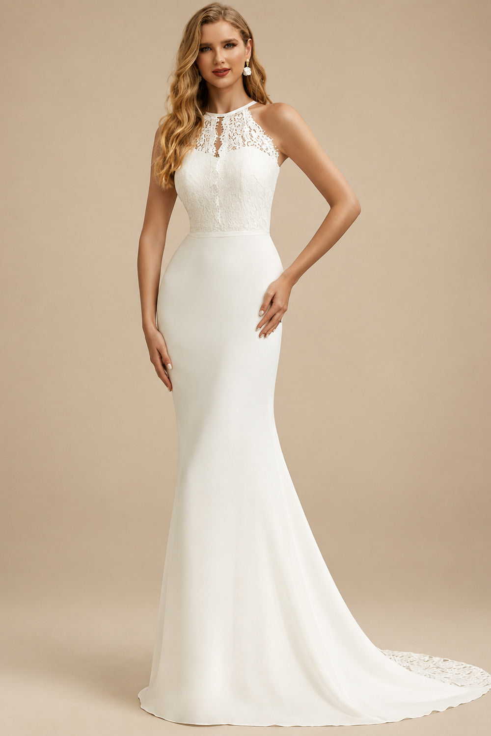 Rutipo Ivory Mermaid Halter Sleeveless Sweep Train Lace/Elastic Satin Wedding Dresses