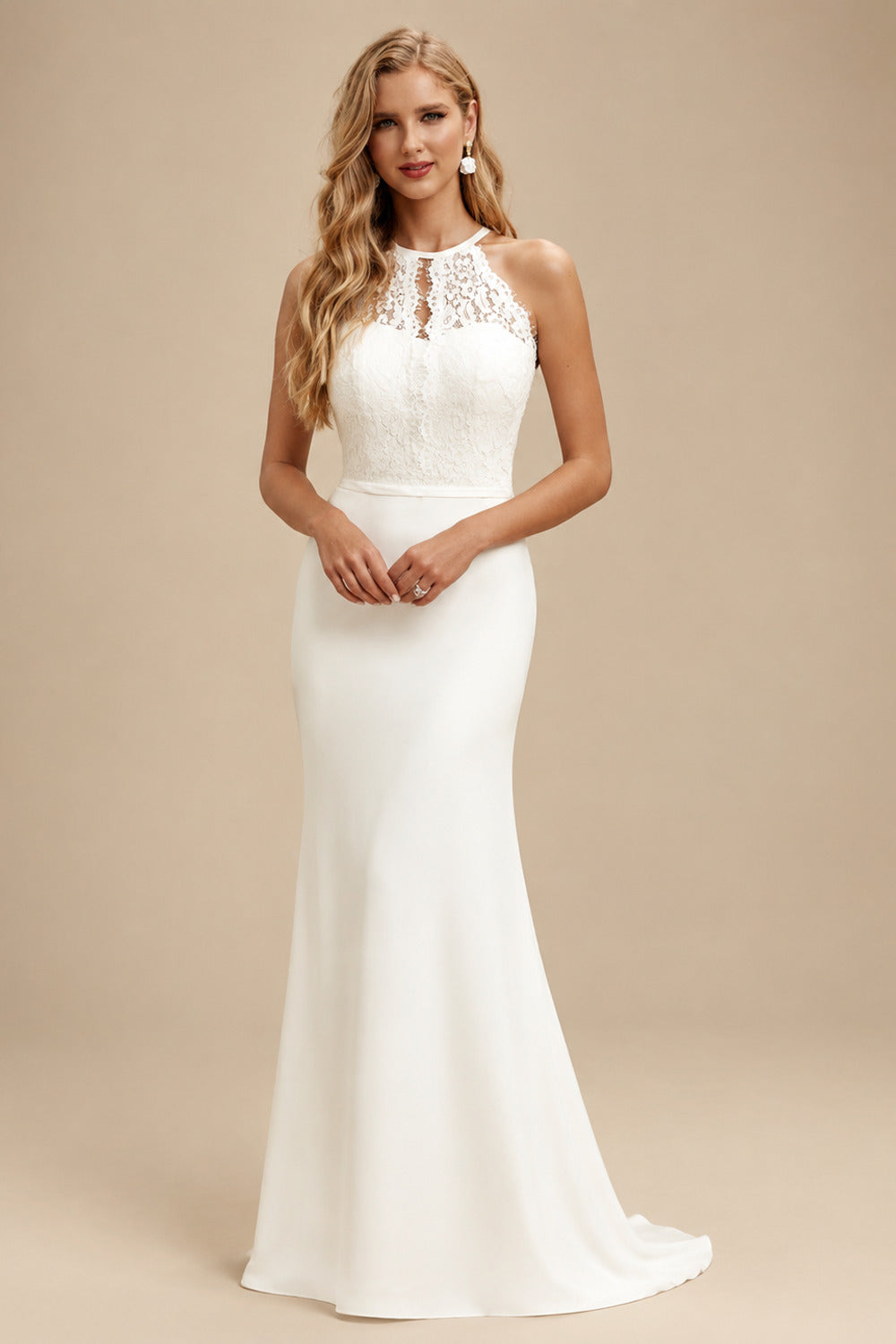 Rutipo Ivory Mermaid Halter Sleeveless Sweep Train Lace/Elastic Satin Wedding Dresses