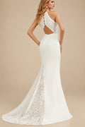 Rutipo Ivory Mermaid Halter Sleeveless Sweep Train Lace/Elastic Satin Wedding Dresses