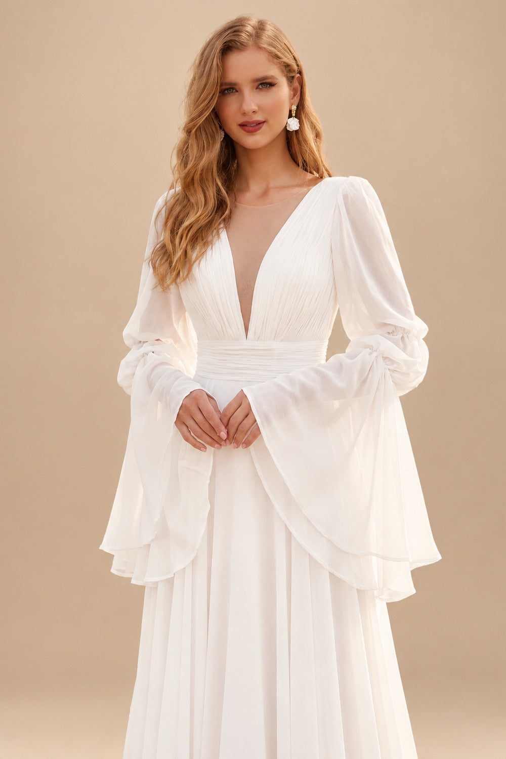Rutipo Ivory A-Line Illusion Neck Long Sleeves Chiffon Elegant Wedding Dresses With Pleated