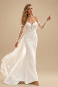 Rutipo Ivory Sheath Sweetheart Long Sleeves Sweep Train Lace/Elastic Satin Wedding Dresses With Lace