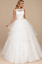 Rutipo Ivory Ball-Gown Scoop Neck Lace/Tulle Wedding Dresses With Cascading Ruffles