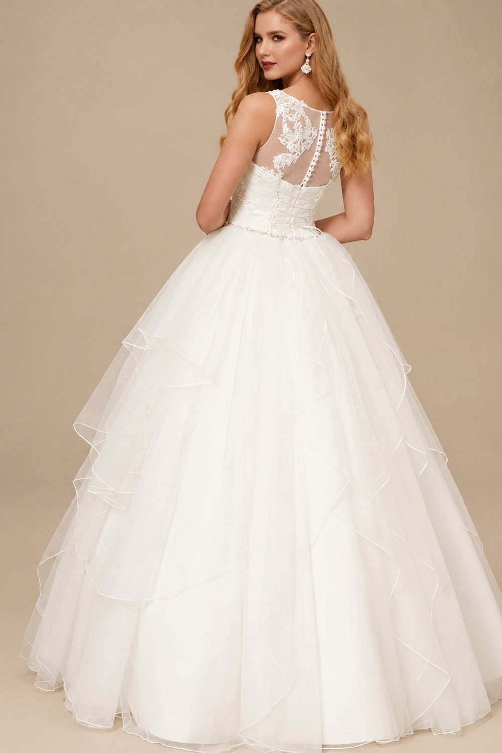 Rutipo Ivory Ball-Gown Scoop Neck Lace/Tulle Wedding Dresses With Cascading Ruffles