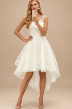Rutipo Ivory A-Line Illusion Neck Asymmetrical Tulle Wedding Dresses With Appliques Lace