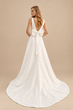 Rutipo Ivory A-Line V-Neck Sleeveless Court Train Satin Wedding Dresses With Bow(s)
