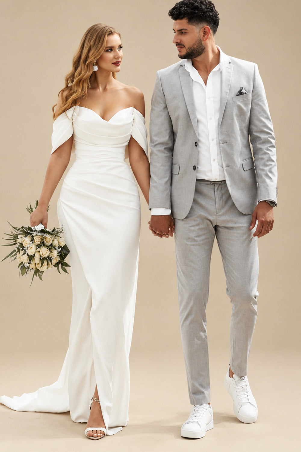 Rutipo Ivory Simple Off-The-Shoulder Sheath/Column Slit Wedding Dresses With Elastic Satin