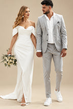 Rutipo Ivory Simple Off-The-Shoulder Sheath/Column Slit Wedding Dresses With Elastic Satin